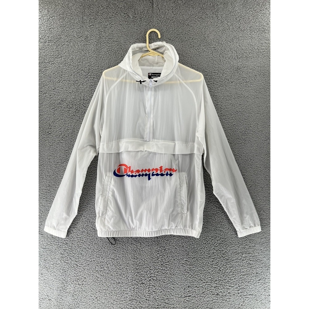 Champion‎ Vented Men's Medium Rain Jacket Hoodie White 1/2 Zip Pockets READ